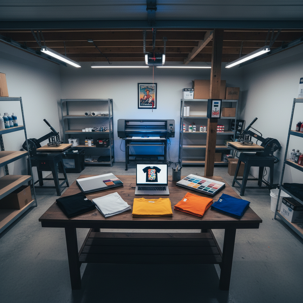 A cinematic, wide-angle shot of a compact, organized print garage in Twin Falls, Idaho, devoted to DTF transfers and custom apparel. In the center, a sturdy worktable holds a laptop with a vibrant design mockup on-screen, surrounded by neatly stacked transfer films, color swatch books, and folded blank shirts in black, white, and bright accent colors. Along one wall, a DTF printer and curing unit glow with subtle indicator lights; along another, a heat press stands ready. Overhead LED shop lights provide bright, even illumination with crisp, defined shadows that give the space a bold, purposeful feel. The concrete floor, exposed rafters, and metal shelving reinforce the garage aesthetic. Photographic realism, slightly elevated angle, strong depth, conveying an energetic, entrepreneurial workspace.