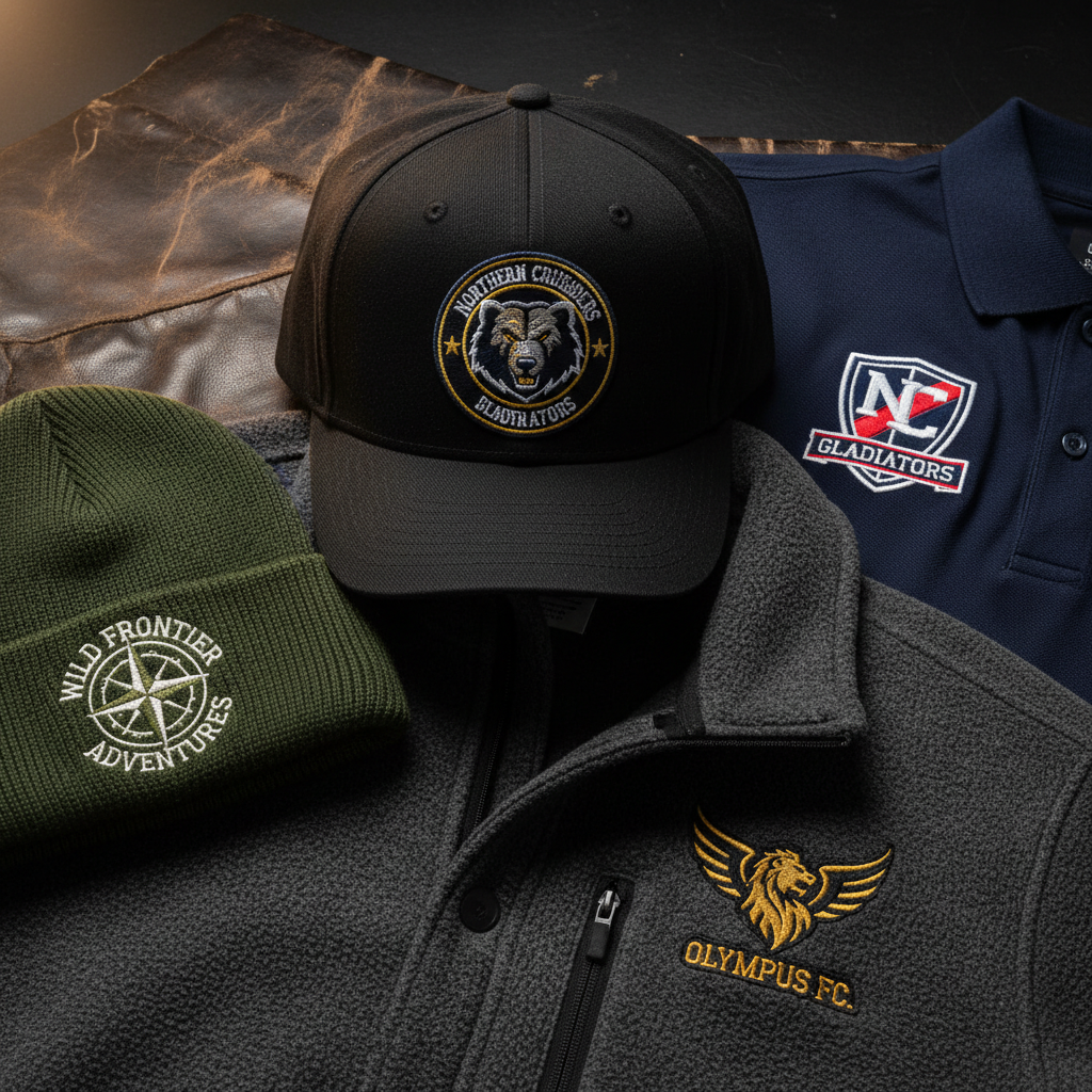 Embroidery showcase — hats, polos, jackets with tight stitch detail