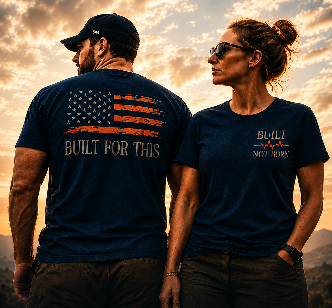 Man and woman wearing Built For This — Built Not Born shirts at golden hour