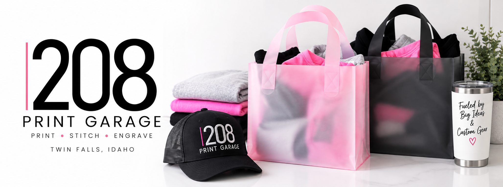 208 Print Garage — custom apparel, hats, and engraved tumblers. Print, stitch, engrave. Twin Falls, Idaho.