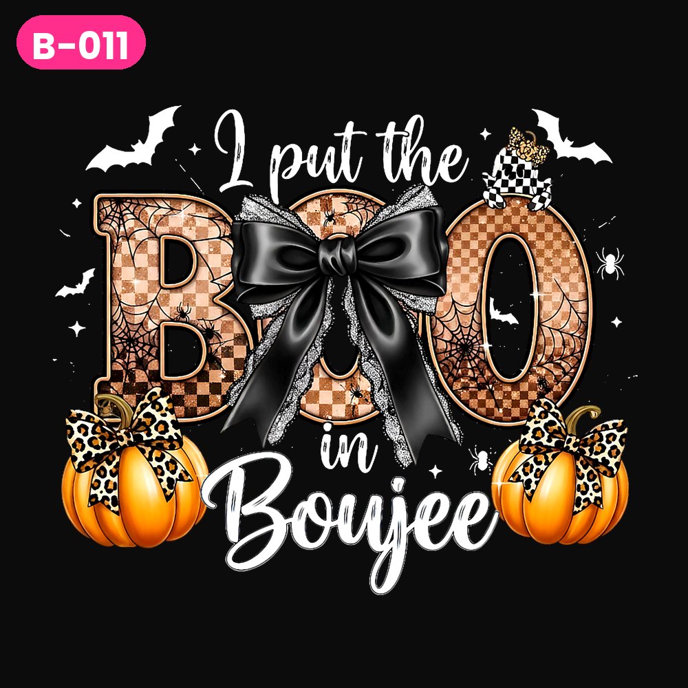 B-011 · Boo Boujee Black Bow — on dark shirts
