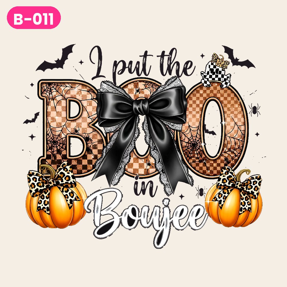 B-011 · Boo Boujee Black Bow — on light shirts