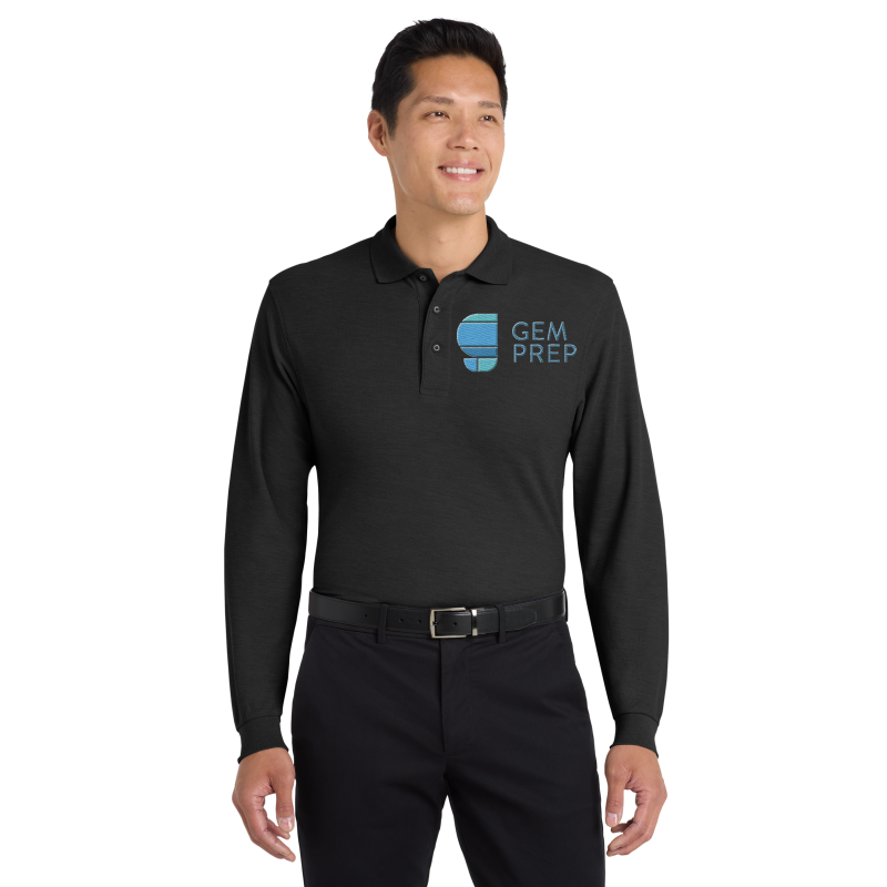 Gem Prep unisex long sleeve polo, black, embroidered logo