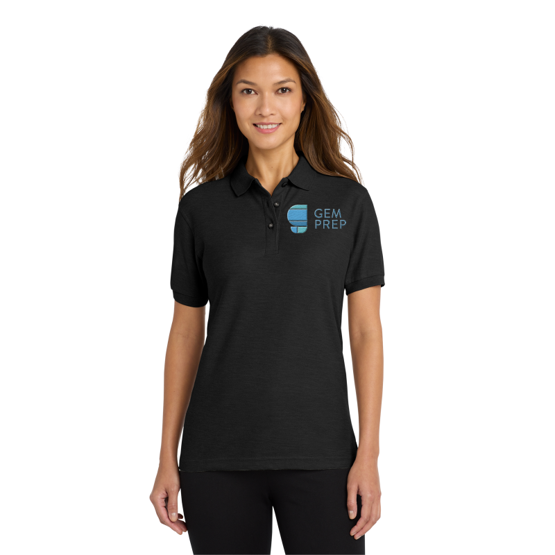 Gem Prep ladies short sleeve polo, black, embroidered logo