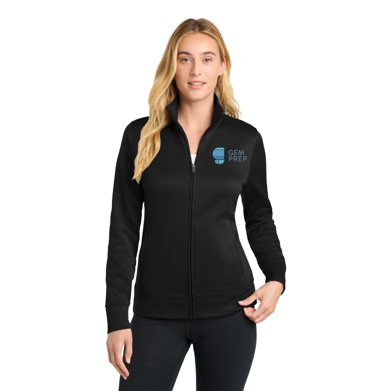 Gem Prep ladies full zip jacket, black, embroidered logo
