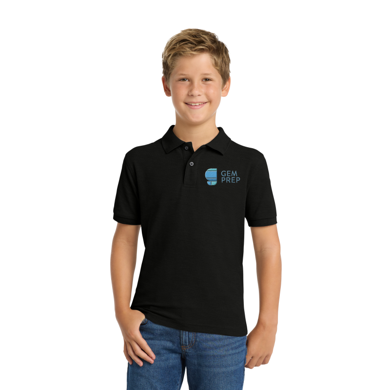 Gem Prep youth short sleeve polo, black, embroidered logo
