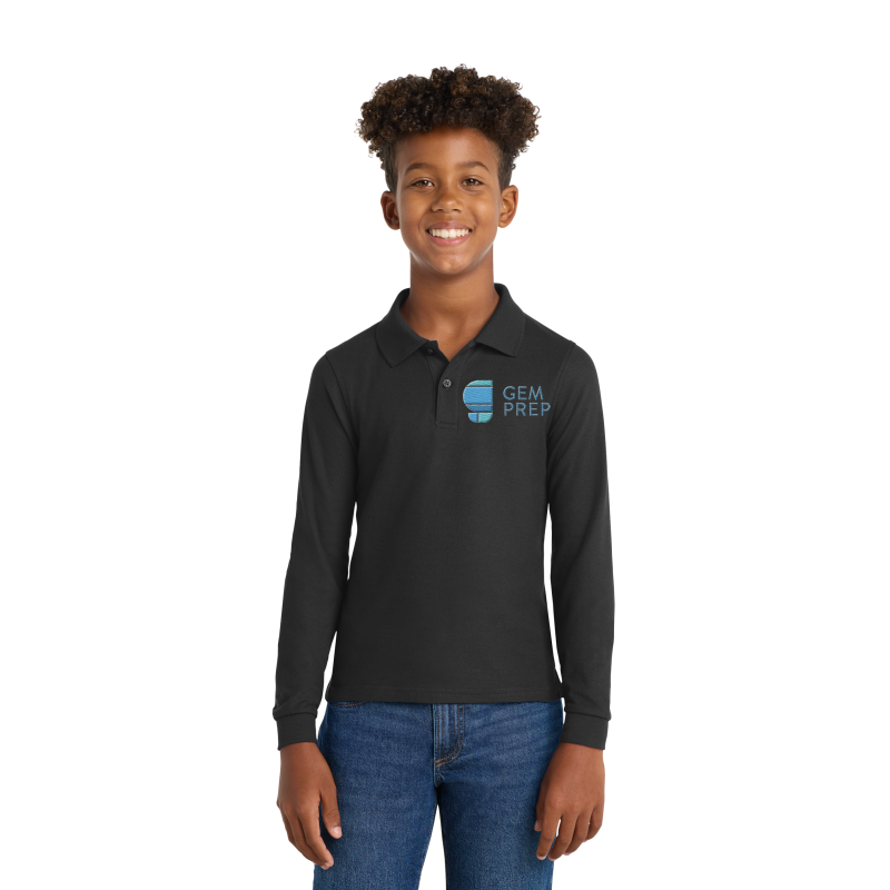 Gem Prep youth long sleeve polo, black, embroidered logo
