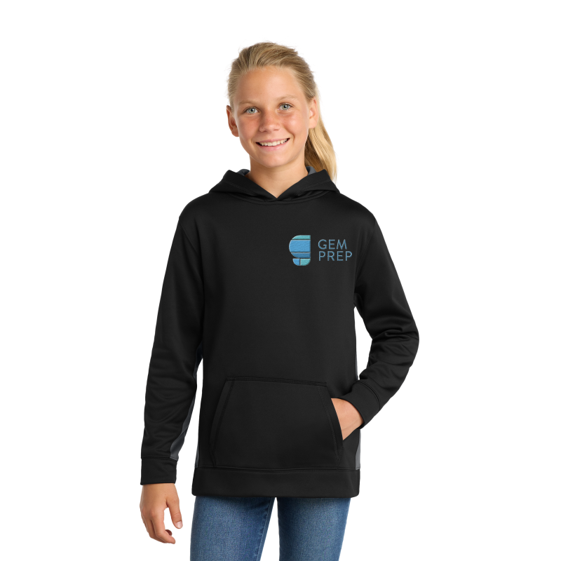 Gem Prep youth everyday hoodie, black, embroidered logo
