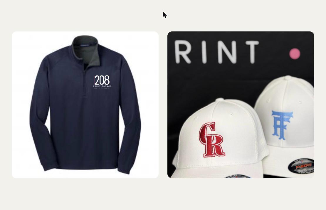 Navy quarter-zip with an embroidered 208 Print Garage logo next to embroidered custom Flexfit hats