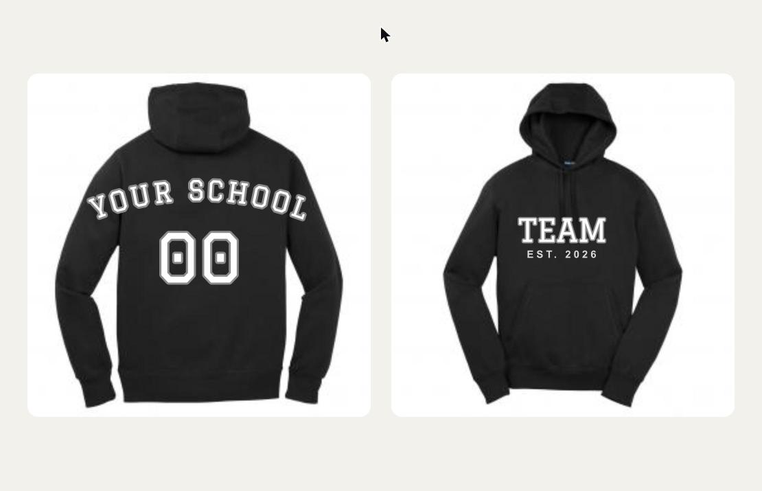 Black hoodies with YOUR SCHOOL varsity lettering and a number on the back and TEAM on the front