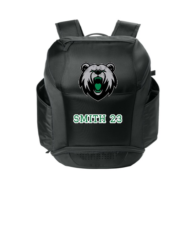 Black Sport-Tek Club Rec Pack basketball backpack with the bear and SMITH 23 embroidered on the front