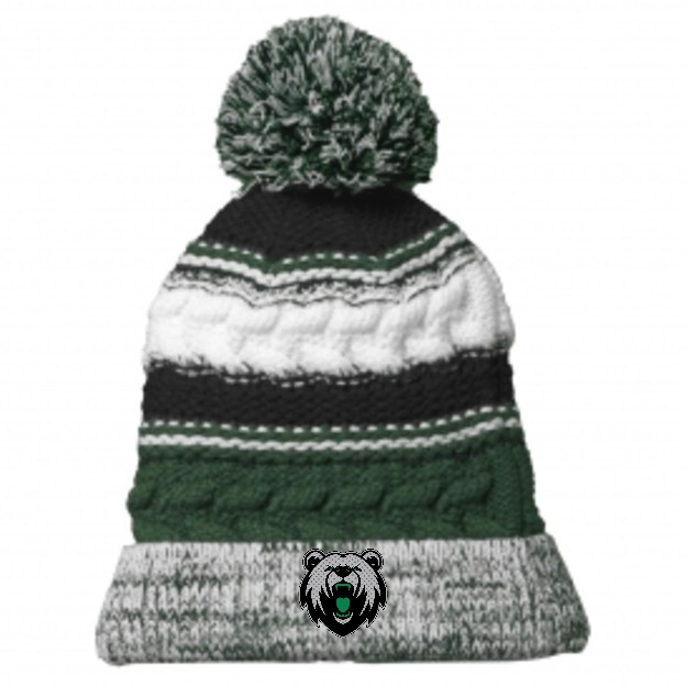 Forest green, black, and white striped pom beanie with the bear embroidered on the cuff