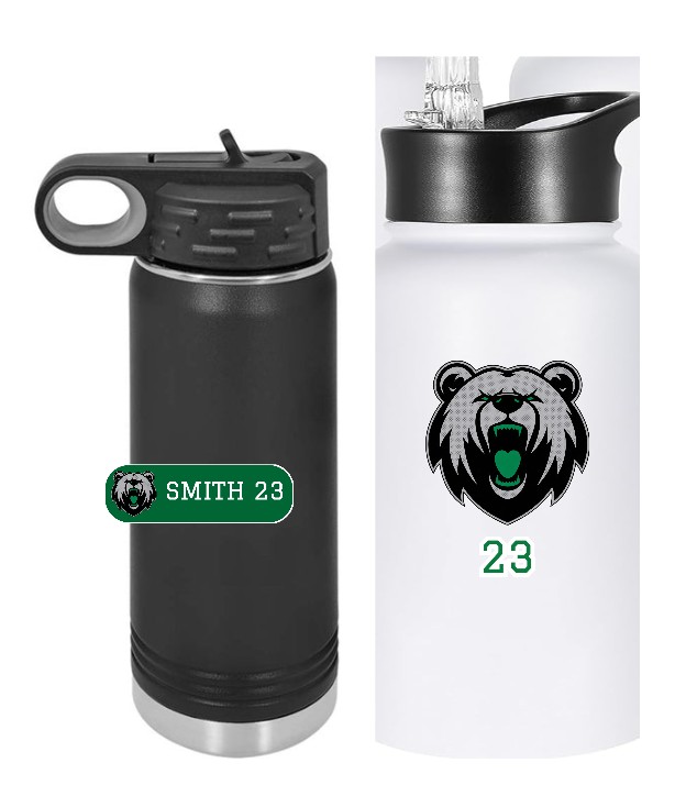 Two water bottles decorated with a Bears name sticker and a printed bear