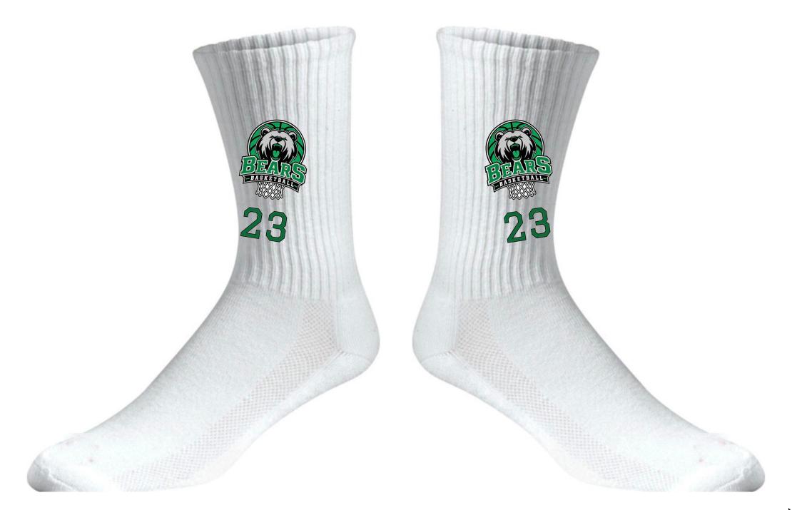 White A4 athletic crew socks with the Bears Basketball logo and number 23 on the calf