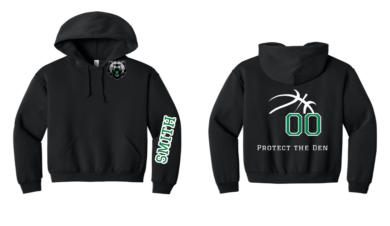 Black everyday hoodie with bear, sleeve name, and Protect the Den back