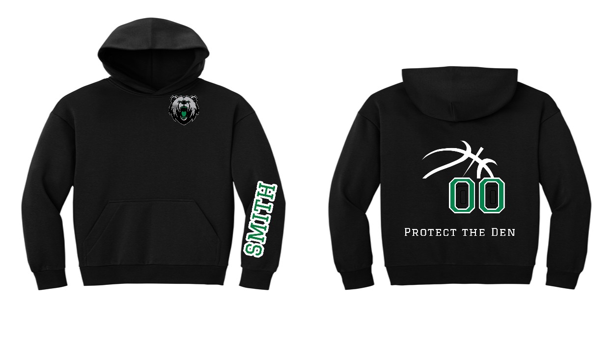 Black Bears hoodie with the bear on the chest, SMITH down the sleeve, and the Protect the Den basketball number design on the back