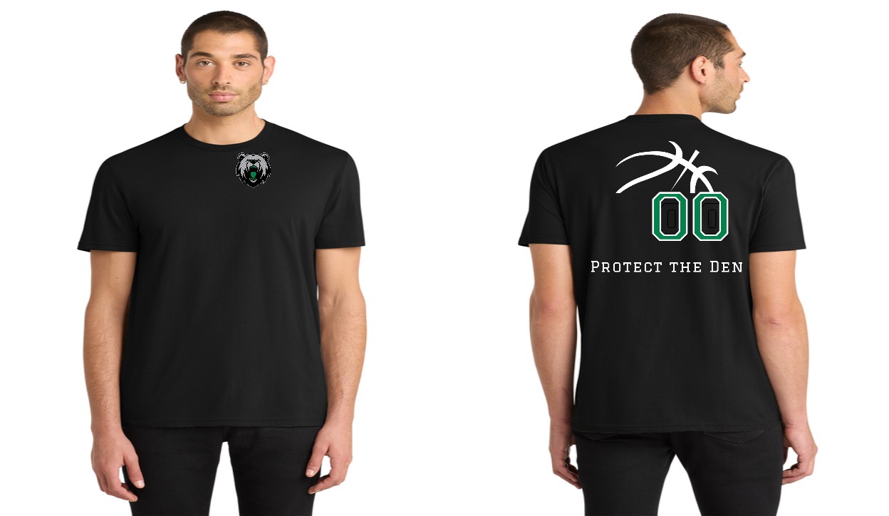 Black tee with bear on the chest and Protect the Den basketball on the back
