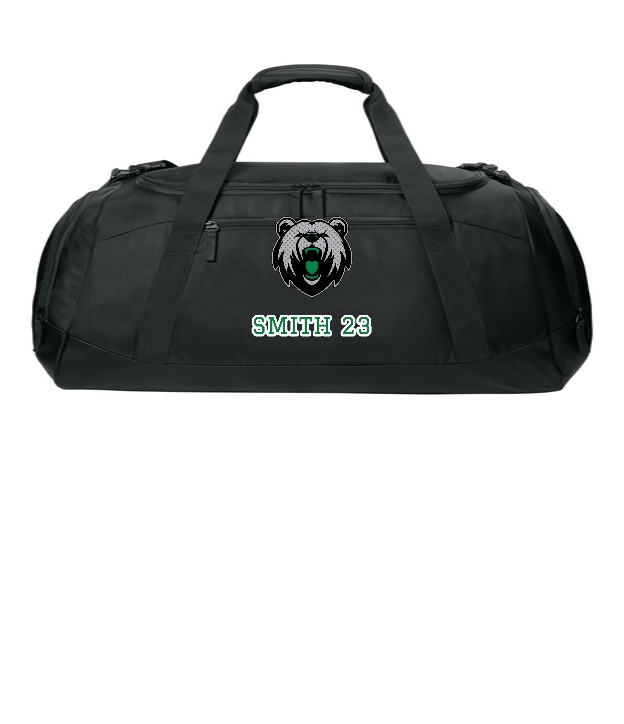 Black Sport-Tek duffel bag with the bear and SMITH 23 embroidered