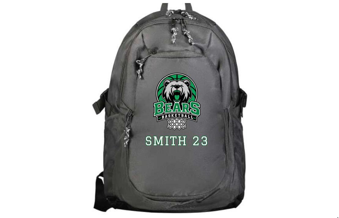 Black elite team backpack with the Bears Basketball logo and SMITH 23 embroidered on the front