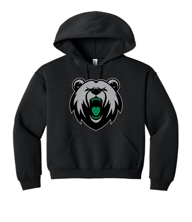Black hoodie with a large roaring bear on the front