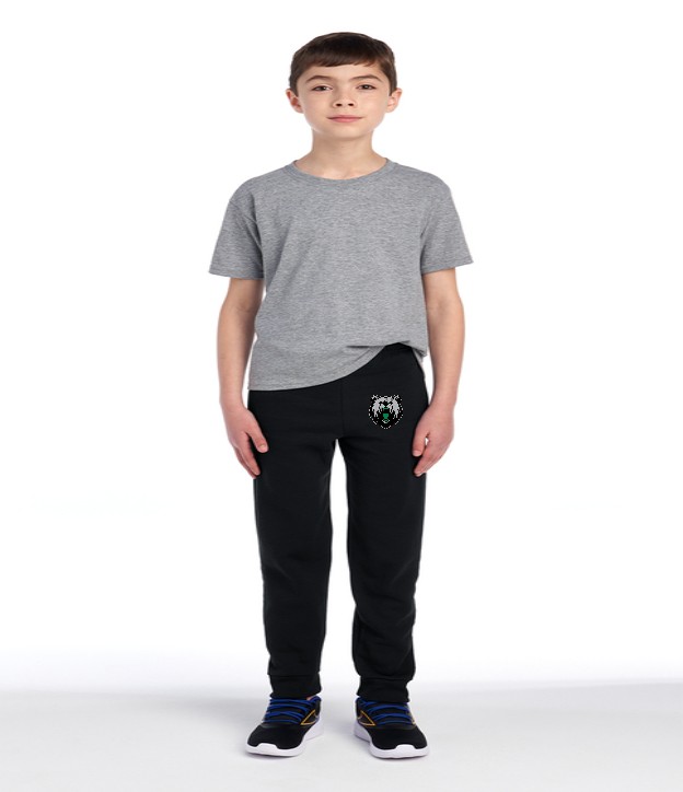 Black joggers with a small bear on the thigh