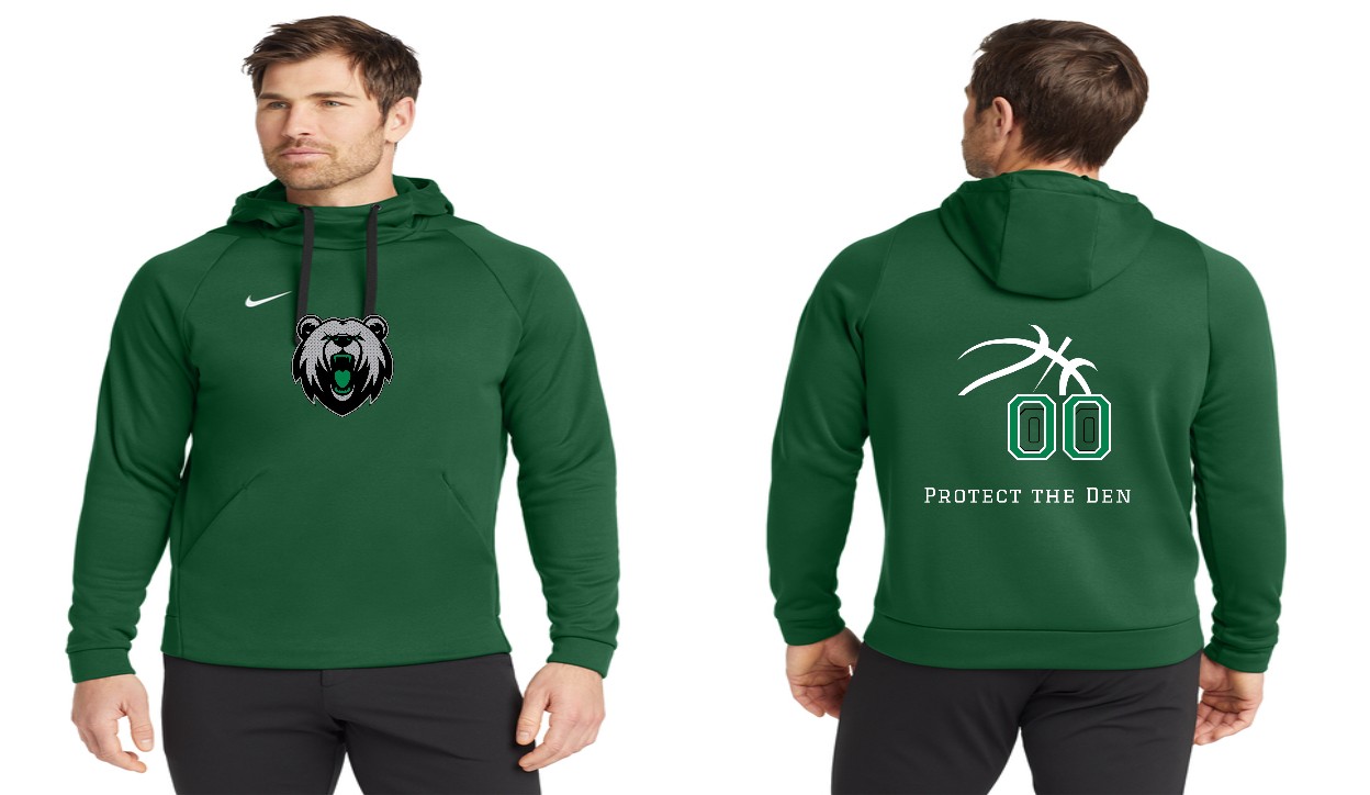 Nike Therma-FIT hoodie in Team Dark Green with the bear on the chest and Protect the Den on the back