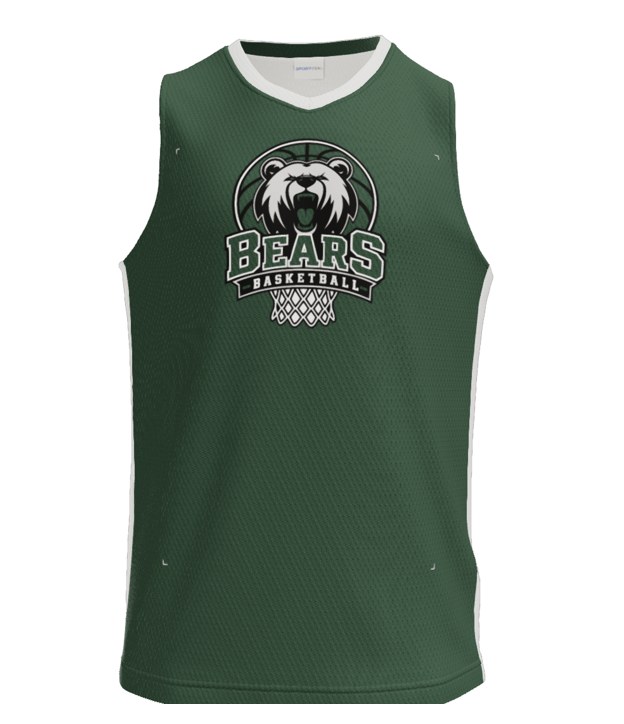 Forest green and white reversible practice jersey with the Bears Basketball hoop logo on the front