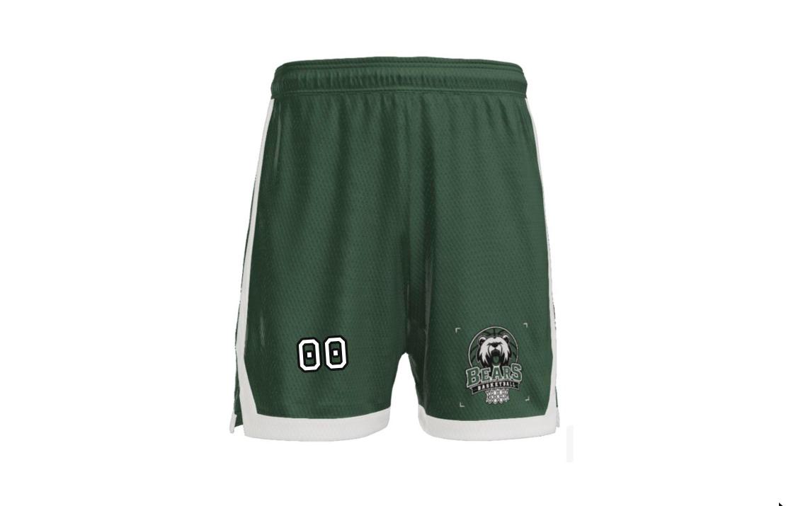 Forest green practice shorts with the Bears Basketball logo on one leg and the number 00 on the other