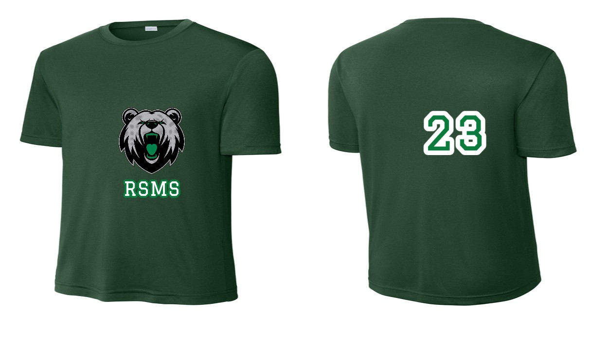 Forest green dri-fit tee with the bear and RSMS on the chest and 23 on the back