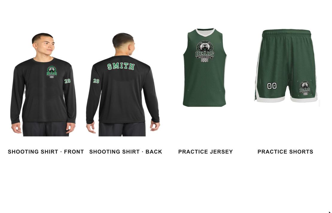 Rookie Pack: black shooting shirt with Bears Basketball logo, green practice jersey and green practice shorts