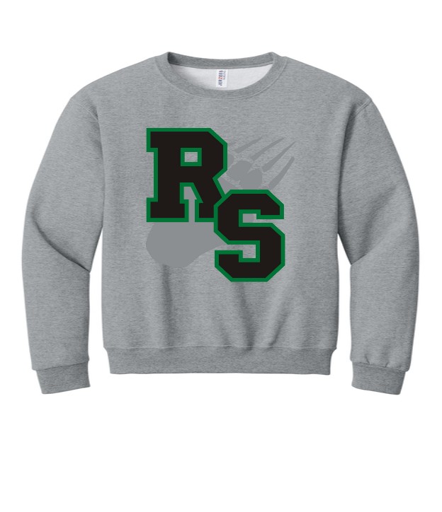 Athletic heather crewneck with the RS block letters and bear paw logo