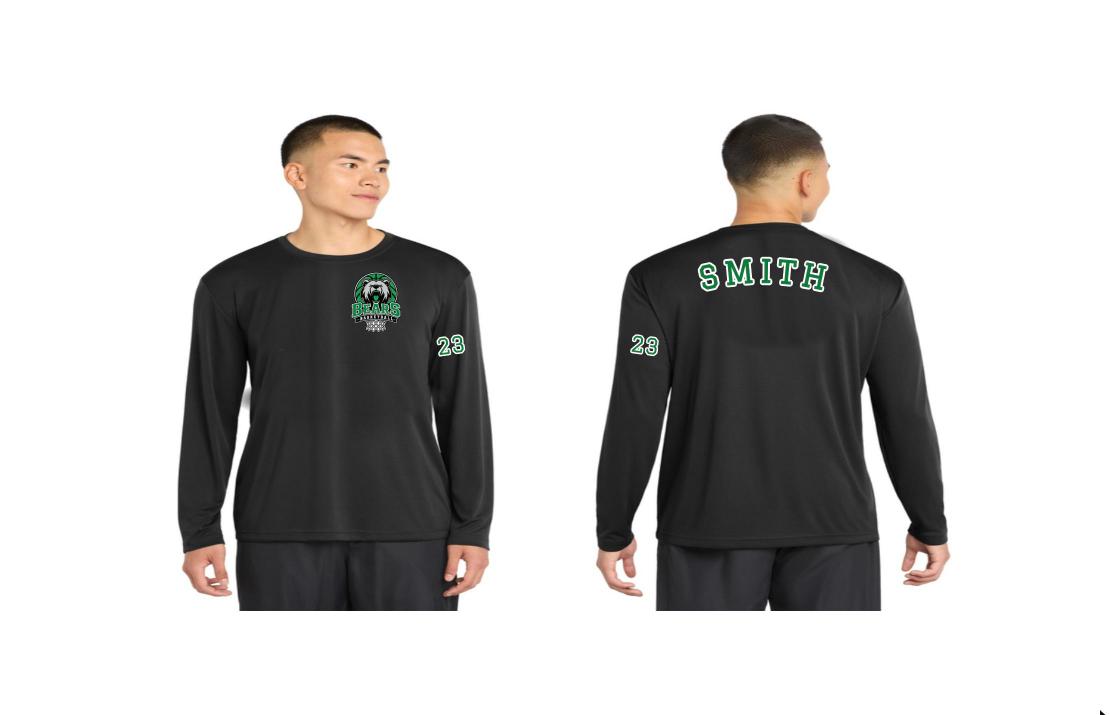 Black long-sleeve shooting shirt with a small Bears Basketball logo on the left chest, number on the sleeve, and SMITH in varsity letters across the back