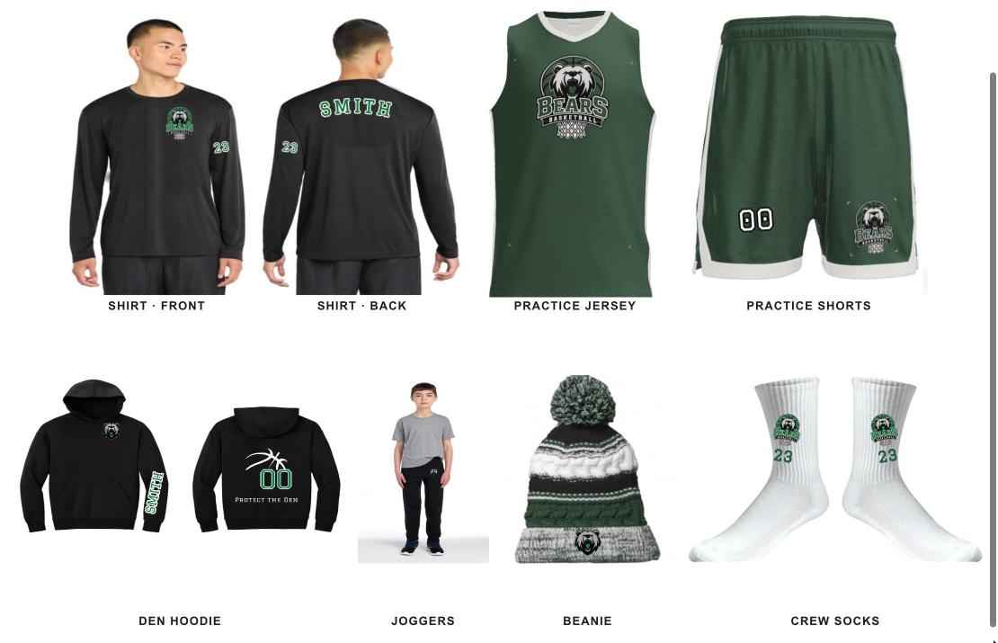 Starting Five Pack: shooting shirt, practice jersey, practice shorts, Den hoodie, joggers, beanie and crew socks