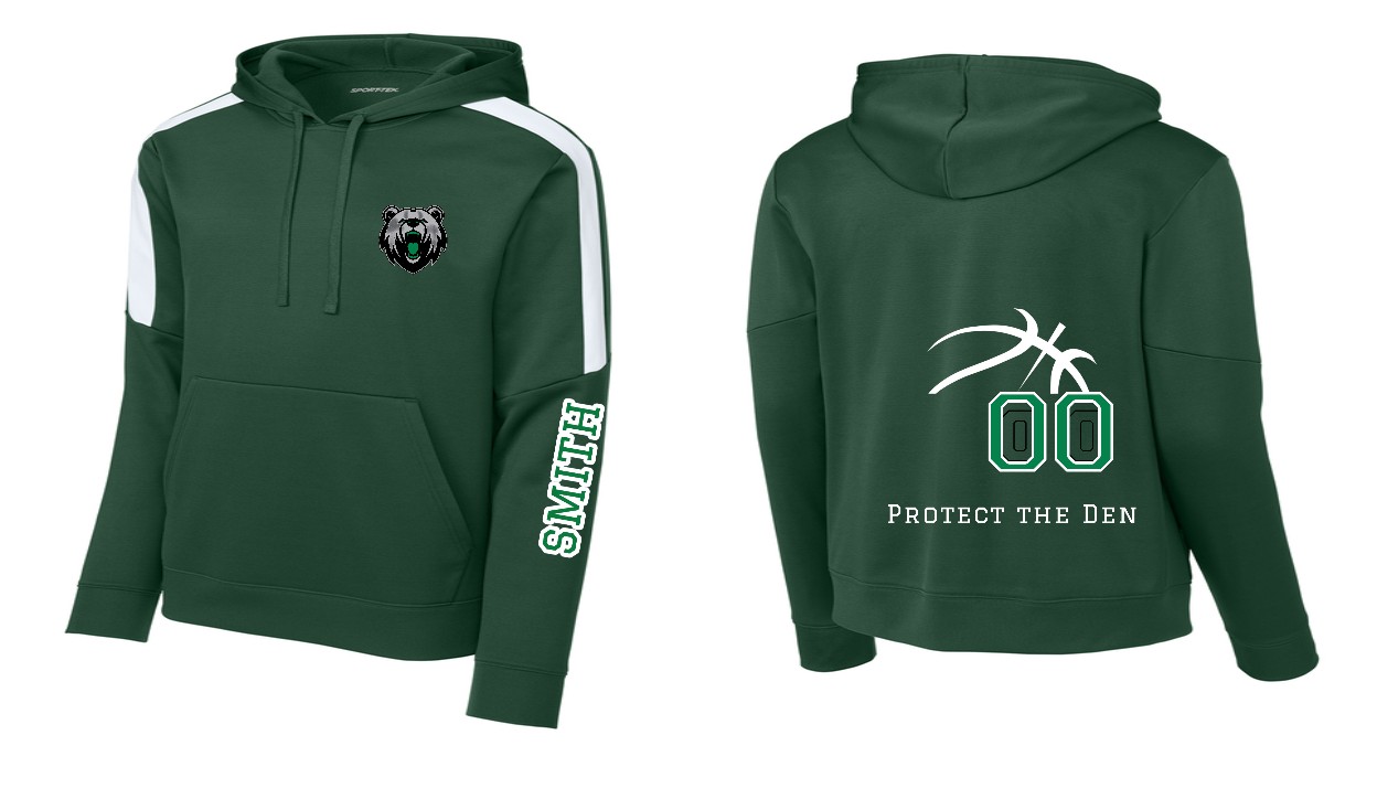 Forest green and white Sport-Tek hoodie with bear, sleeve name, and Protect the Den back