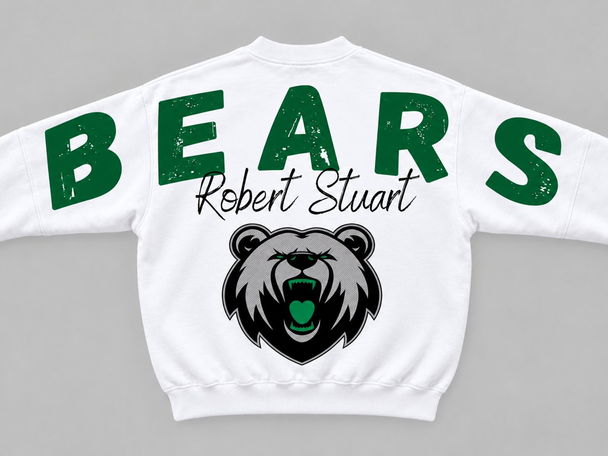 White crewneck with green BEARS across the back and sleeves, Robert Stuart script and the roaring bear