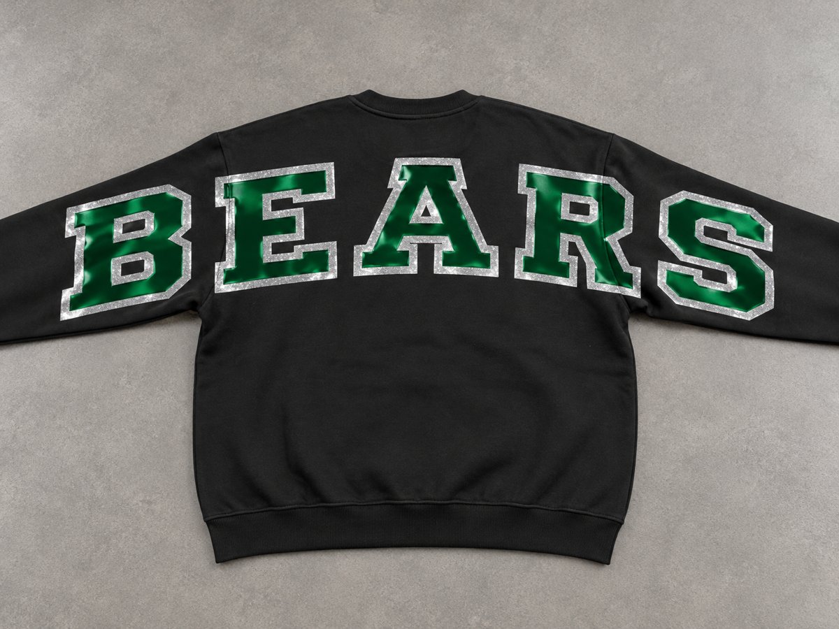 Black crewneck with metallic green BEARS outlined in silver glitter across the back and sleeves